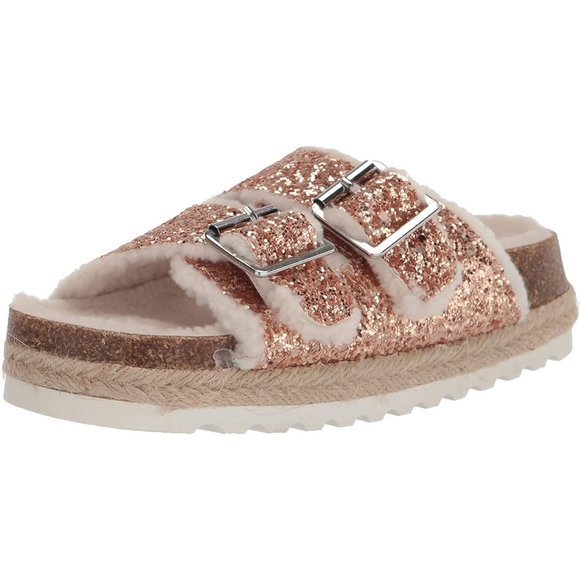 DV BY DOLCE VITA Carlina Rose Gold Glitter Faux Fur-Lined Espadrille Slides - Picture 4 of 6
